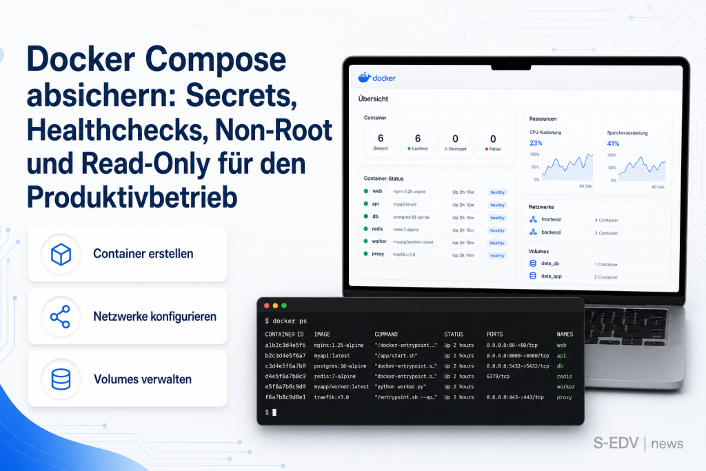 Docker Compose absichern: Secrets, Healthchecks, Non-Root und Read-Only für den Produktivbetrieb