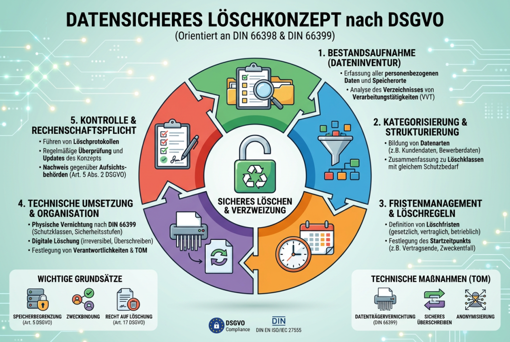 Infografik zu einem datensicheren Löschkonzept nach DSGVO, mit Datenarten, Löschfristen, Verantwortlichkeiten, Speicherorten, Backups und dokumentierter Löschung personenbezogener Daten.