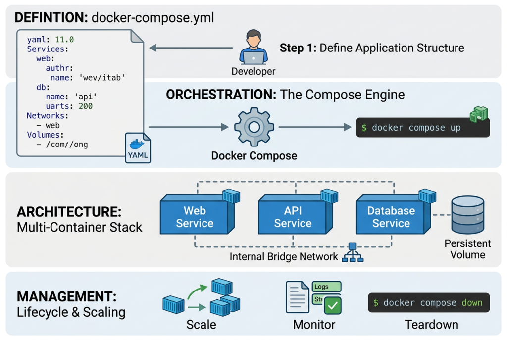 Infografik zu Docker Compose für den Aufbau von Multi-Container-Stacks, mit docker-compose.yml, mehreren Services, Netzwerken, Volumes, Abhängigkeiten und gemeinsam gestarteten Containern.