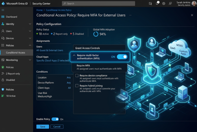 Infografik zur Einrichtung von MFA und Conditional Access in Microsoft Entra ID für Microsoft 365, mit Benutzergruppen, Richtlinien, Cloud-Apps, Ausnahmen für Notfallkonten und erzwungener mehrstufiger Anmeldung.