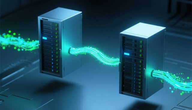 Zwei Serverstandorte durch einen beleuchteten Datentunnel verbunden