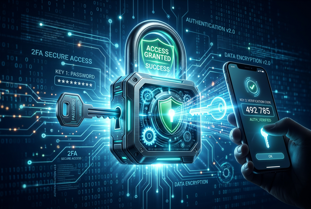 Infografik zur richtigen Einführung von Zwei-Faktor-Authentifizierung mit Passwort plus zweitem Faktor, Authenticator-App, Hardware-Token, Backup-Codes und sicherem Rollout für Benutzerkonten.