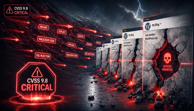 Illustration einer kritischen WordPress-Angriffsserie mit CVSS-9.8-Warnung, roten Exploit-Wellen und mehreren kompromittierten Webseiten.