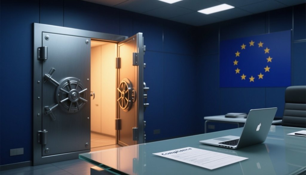 Stahltresor in modernem Büro symbolisiert IT-Sicherheit und NIS2-Compliance