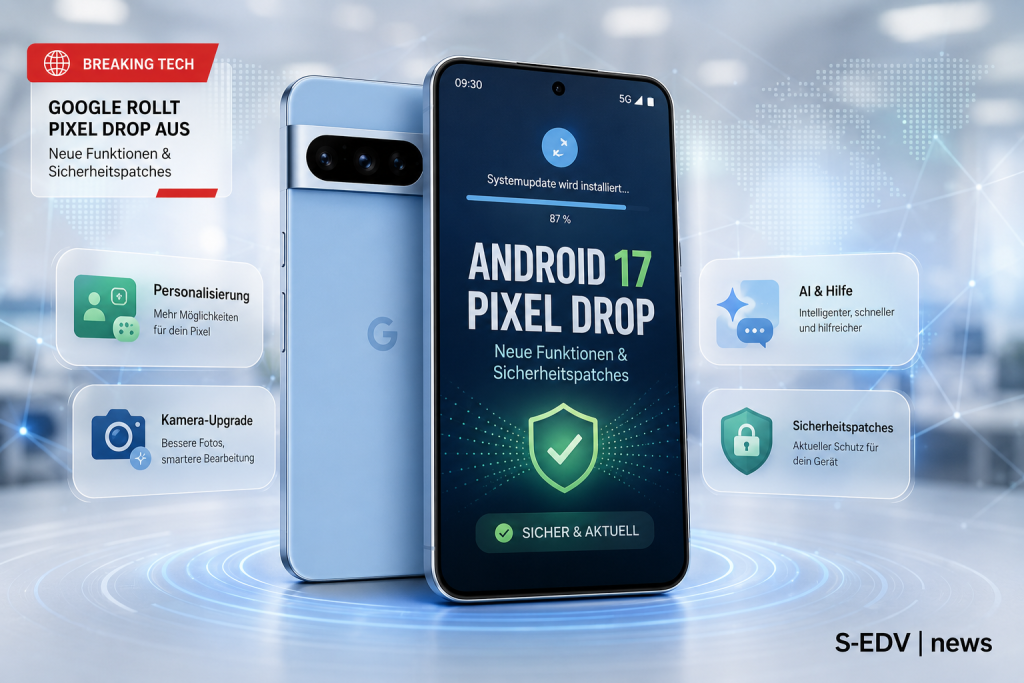 Android 17 Pixel Drop zeigt neue Funktionen, KI Hilfen, Kamera Verbesserungen und Sicherheitspatches für Google Pixel Geräte in einer modernen Tech News Grafik.