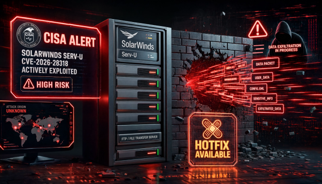 Cybersecurity-Illustration zu einer aktiv ausgenutzten SolarWinds-Serv-U-Sicherheitslücke mit CISA-Warnung, Serverrack, Datenabfluss und Hotfix-Hinweis.