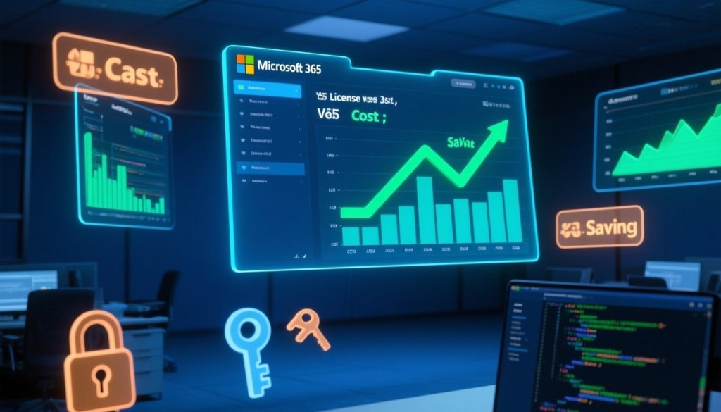 Holografisches M365-Admin-Dashboard mit PowerShell-Terminal und Lizenzkosten-Diagrammen
