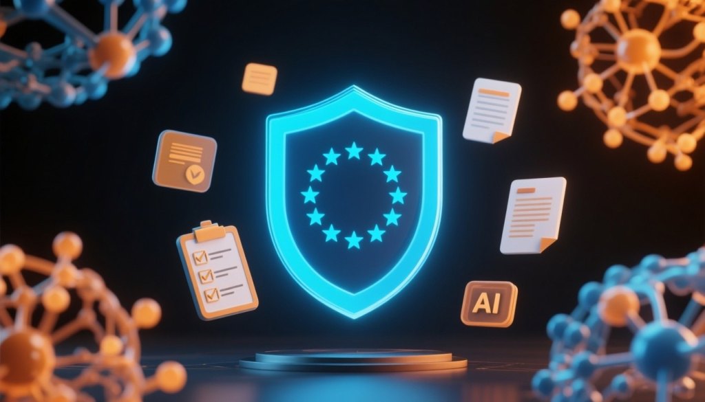 Holografisches EU-Compliance-Schild mit KI-Netzwerk und Dokumenten-Icons