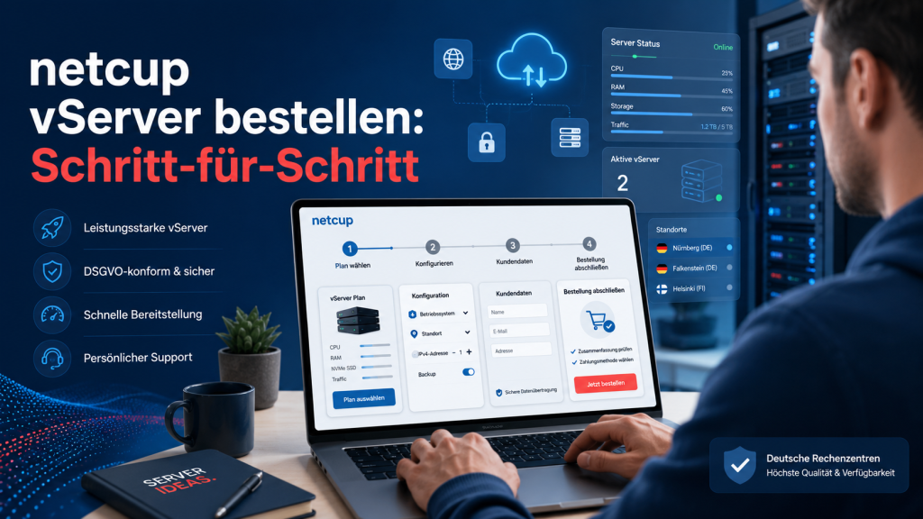 Hero-Bild zur Anleitung netcup vServer bestellen Schritt für Schritt mit Laptop, Server-Dashboard und Bestellprozess für VPS Hosting