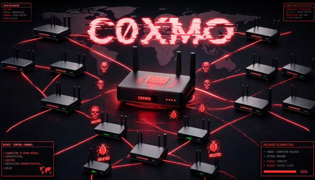 Illustration eines C0XMO-Botnets mit vielen kompromittierten Routern, die über rote Netzwerkverbindungen mit einem zentralen Steuergerät verbunden sind.
