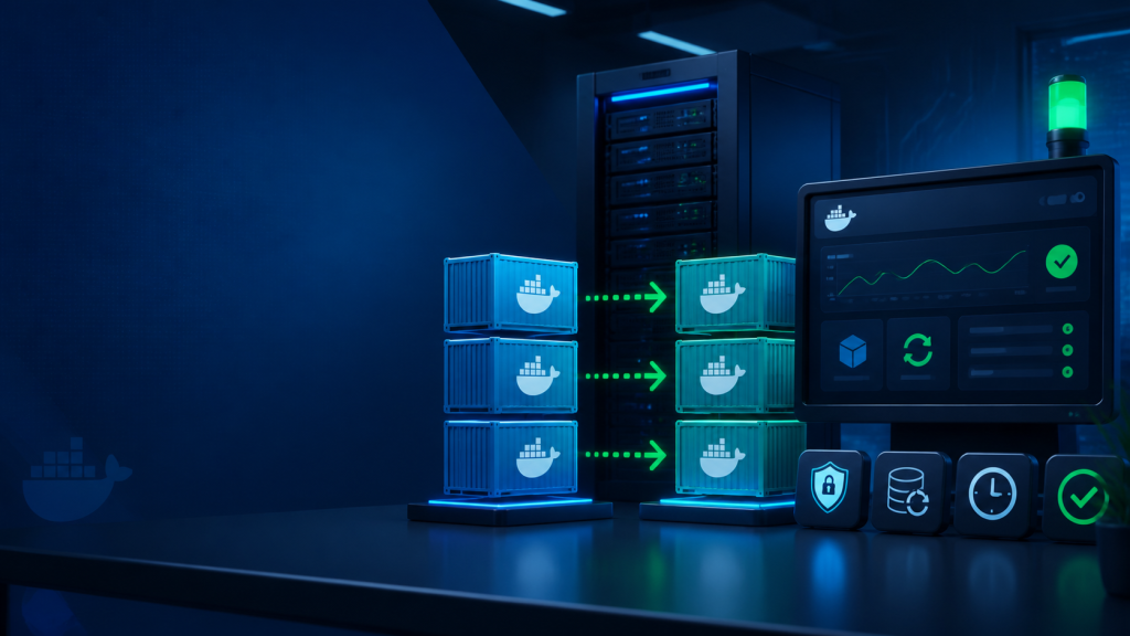 Illustration einer modernen DevOps-Umgebung mit Docker-Containern, automatischen Updates durch Watchtower, Monitoring-Dashboard sowie Symbolen für Sicherheit, Backup, Zeitplanung und erfolgreiche Deployments.