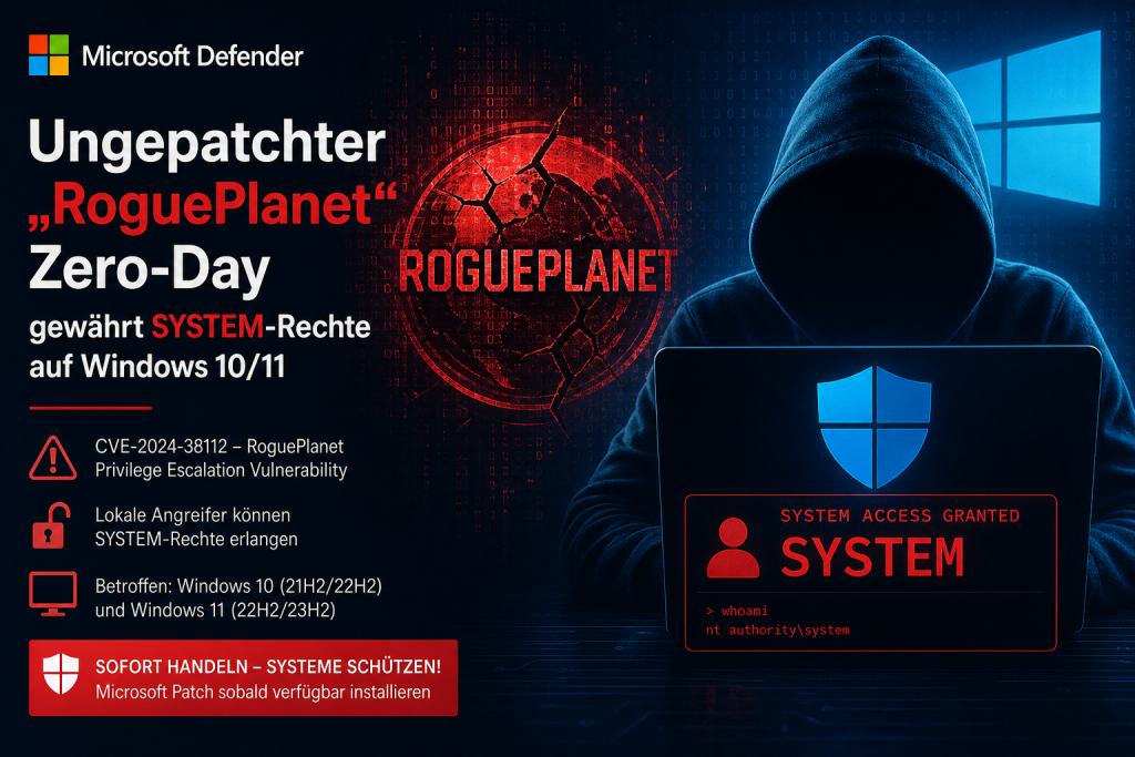 Warnmeldung zu „RoguePlanet“: Ein ungepatchter Zero-Day in Microsoft Defender ermöglicht auf vollständig aktualisierten Windows-10- und Windows-11-Systemen eine lokale Rechteausweitung bis SYSTEM.