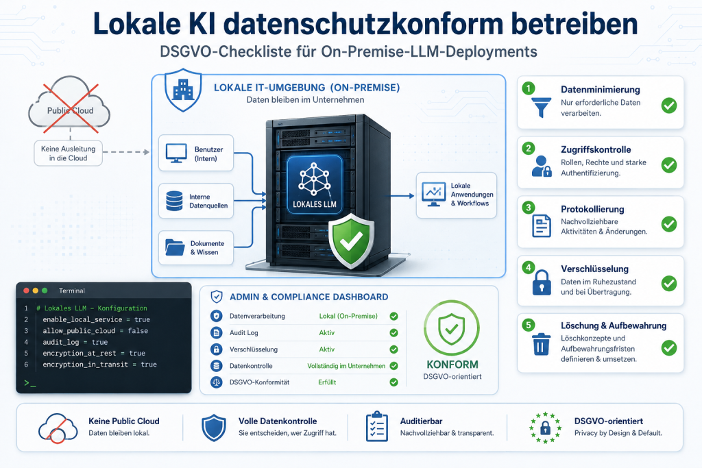 Moderne IT-Grafik zur datenschutzkonformen Nutzung lokaler KI mit DSGVO-Checkliste für On-Premise-LLM-Deployments, inklusive Server, Compliance-Dashboard, Sicherheitsfunktionen und Datenschutzmaßnahmen.