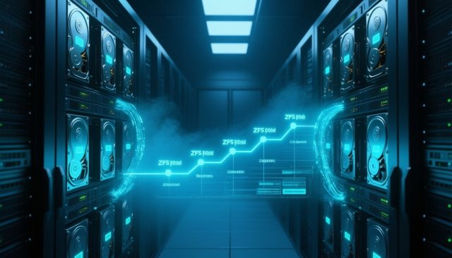 Server-Rack mit ZFS-Pool-Replikation und Datenstrom zwischen zwei Hosts im Rechenzentrum