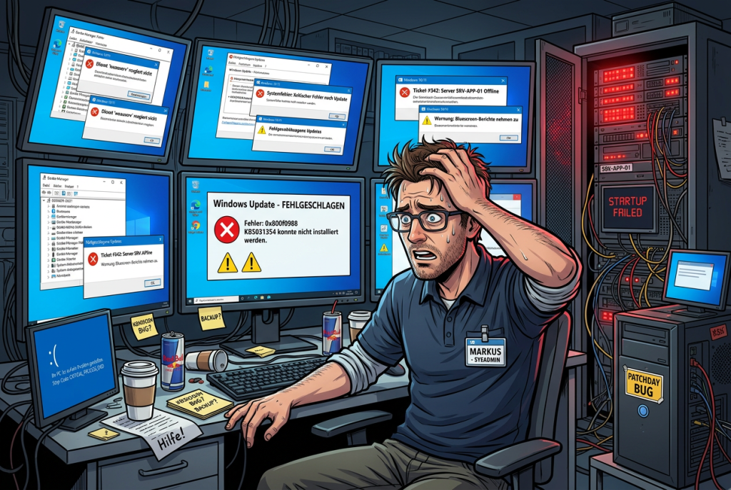 Comic-artiges Hero-Bild mit gestresstem Administrator, Windows-Update-Fenstern und Fehlermeldungen nach einem Patchday.
