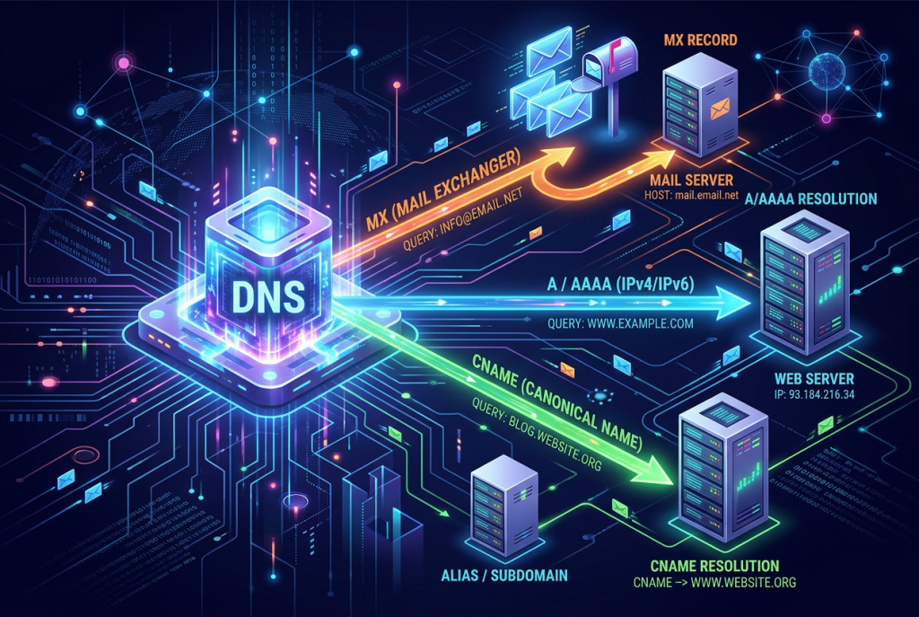 Infografik, die die DNS-Records A, AAAA, CNAME, MX und TXT einfach erklärt, mit Beispielen für IPv4, IPv6, Alias, Mailserver und Verifizierungseinträge.