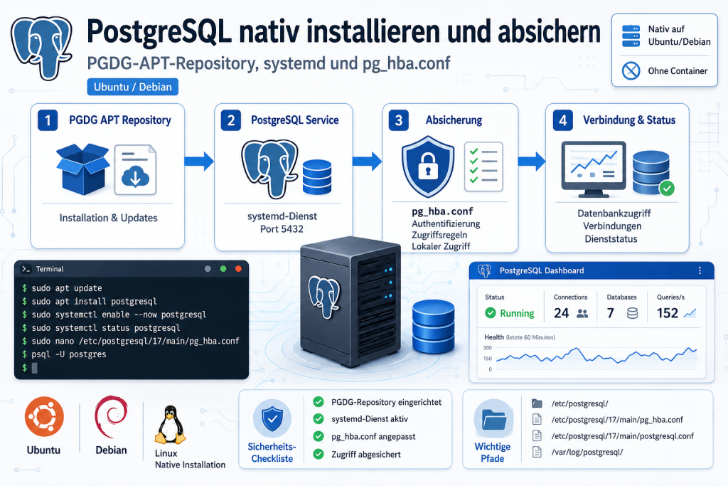 Moderne IT-Grafik zur Anleitung für die native Installation und Absicherung von PostgreSQL auf Ubuntu und Debian mit PGDG-APT-Repository, systemd-Dienst, pg_hba.conf, Terminal, Server und Dashboard.