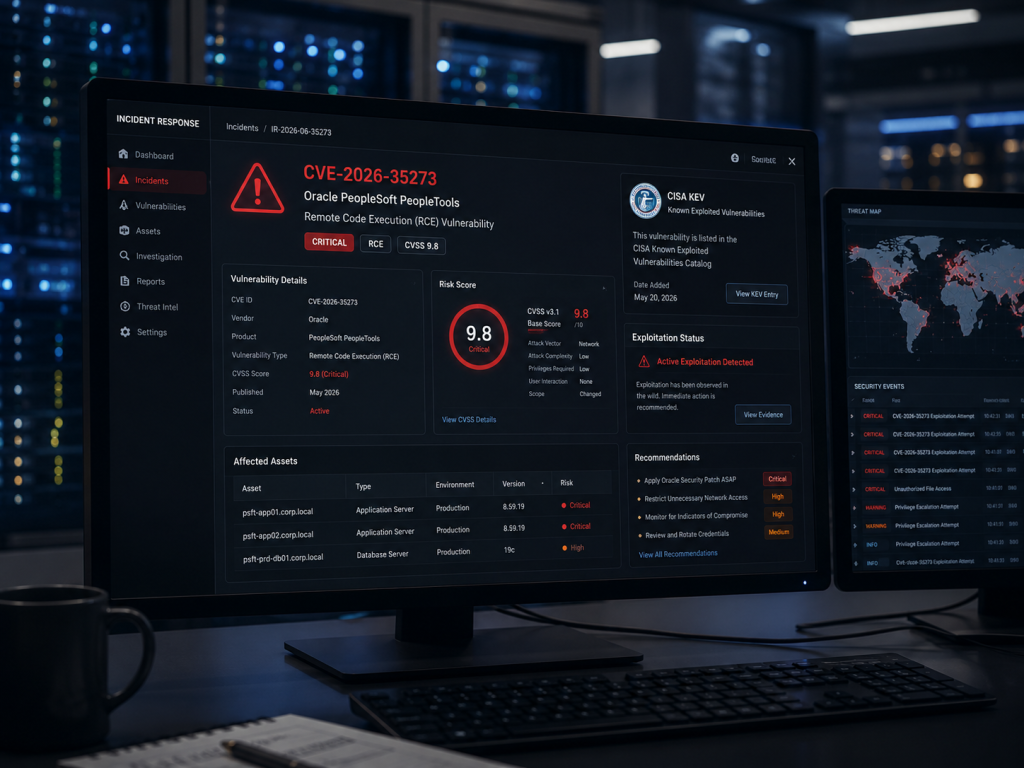 Cybersecurity Warnbild zu CVE 2026 35273 mit kritischer Remote Code Execution Lücke in Oracle PeopleSoft PeopleTools und Aufnahme in den CISA KEV Katalog