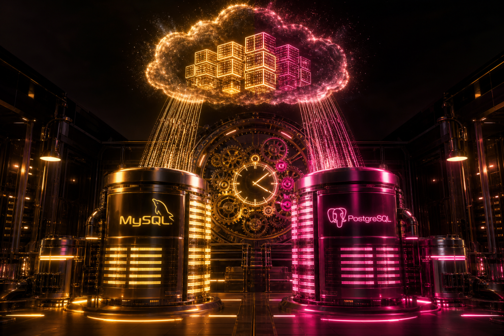 Zwei leuchtende Daten-Silos in Gold und Magenta, deren Daten durch ein mechanisches Uhrwerk in rotierende Würfel verpackt und in eine Cloud synchronisiert werden, als Symbol für automatisierte Datenbank-Backups.