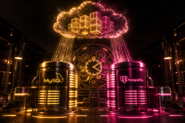 Zwei leuchtende Daten-Silos in Gold und Magenta, deren Daten durch ein mechanisches Uhrwerk in rotierende Würfel verpackt und in eine Cloud synchronisiert werden, als Symbol für automatisierte Datenbank-Backups.