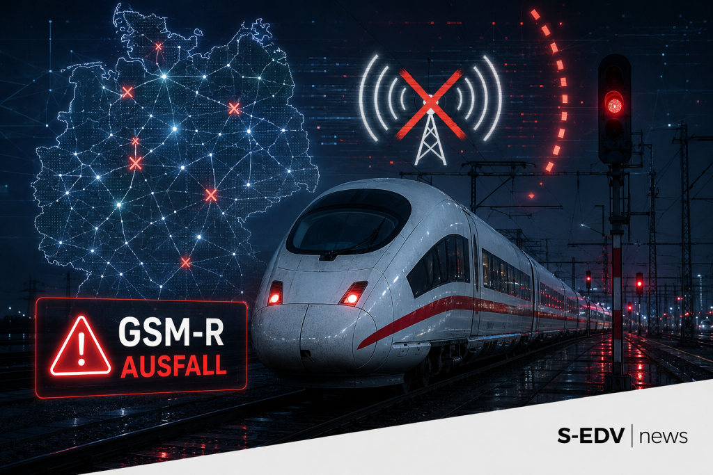 Nächtlich stehender ICE auf Bahnstrecke mit Warnsignal, Deutschlandkarte und GSM-R-Ausfall Symbol für bundesweite Störung im Zugverkehr der Deutschen Bahn.