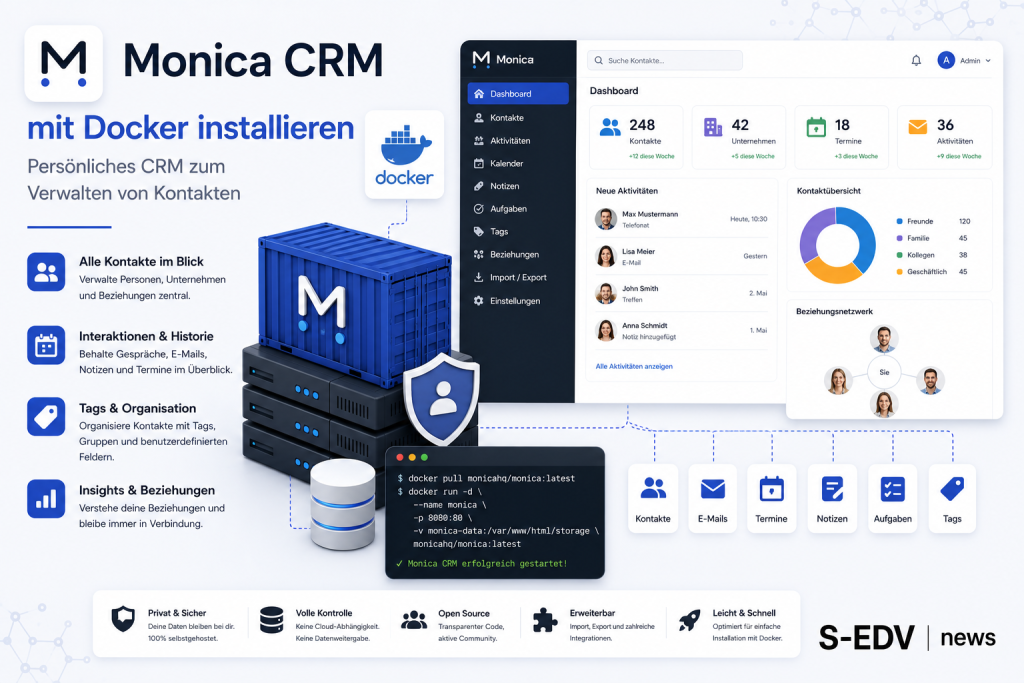 Monica CRM mit Docker installieren: Persönliches CRM zur Verwaltung von Kontakten, Beziehungen, Terminen und Notizen mit Docker Container, Weboberfläche, Kontaktübersicht und Self Hosting für die private Kontaktorganisation.