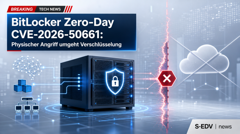 BitLocker Zero Day CVE-2026-50661 Sicherheitslücke: Notebook mit Warnsymbol, physischer Angriff, Verschlüsselung umgangen ohne PIN