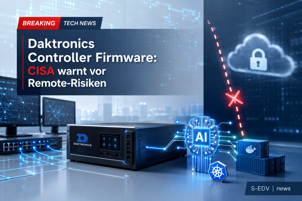Professionelle IT News Grafik zu Daktronics Controller Firmware. Ein moderner Industrie Controller in einer Cybersecurity Umgebung mit digitalem Netzwerk, Warnsymbolen und sicherheitsrelevanten Visualisierungen steht für die CISA Warnung vor Remote Risike