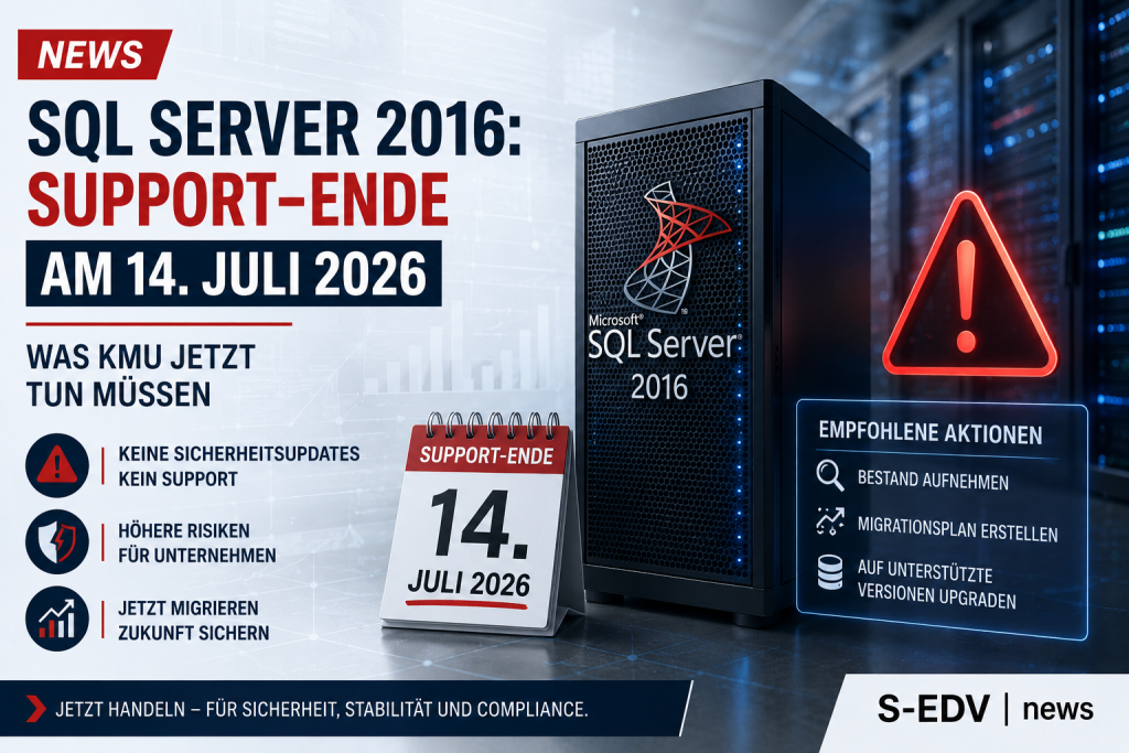 SQL Server 2016 in einer modernen Rechenzentrumsumgebung mit Warnhinweis zum Support Ende am 14. Juli 2026. Symbolische Darstellung auslaufender Sicherheitsupdates, notwendiger Migration und Upgrade Planung für kleine und mittlere Unternehmen sowie IT Adm