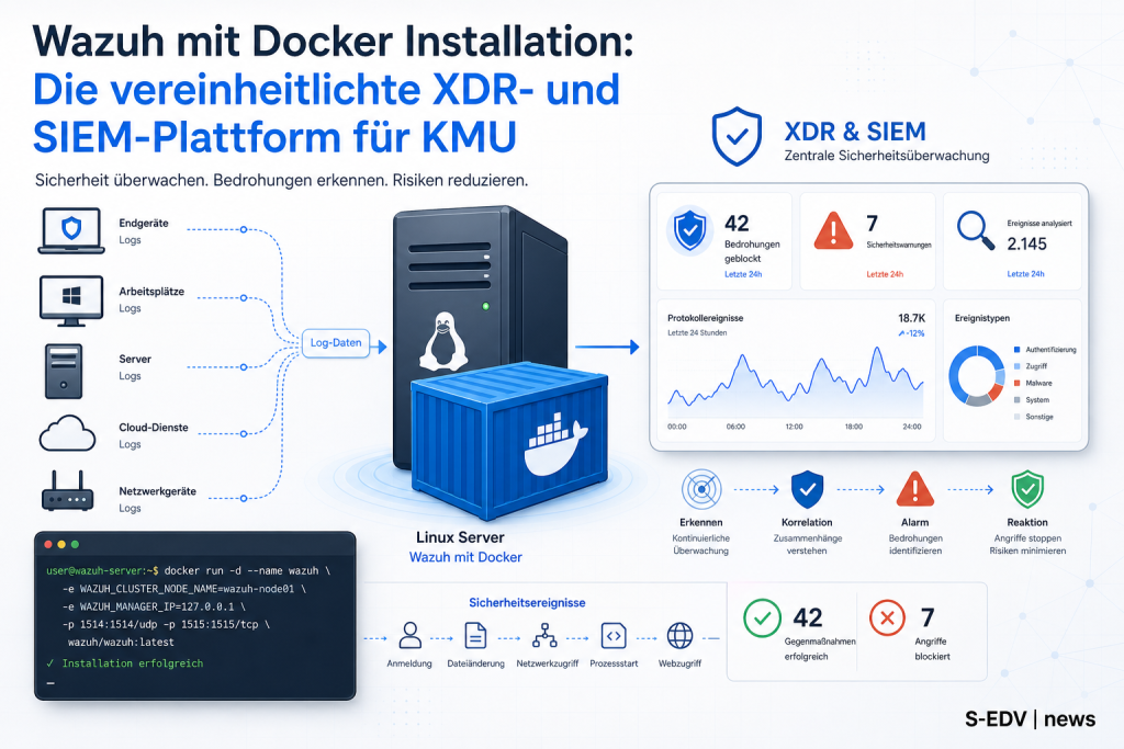 Wazuh mit Docker installieren: Einheitliche XDR und SIEM Plattform für KMU mit zentralem Sicherheitsdashboard, Log Analyse, Servern und Docker Container.