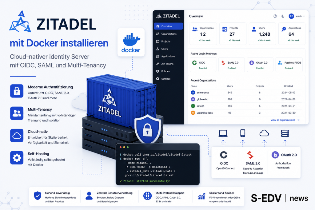 Zitadel mit Docker installieren: Cloud nativer Identity Server mit Docker Container, OIDC, SAML, OAuth 2.0, Multi Tenancy, Benutzerverwaltung und sicherem Single Sign On für moderne Self Hosting und Unternehmensumgebungen.