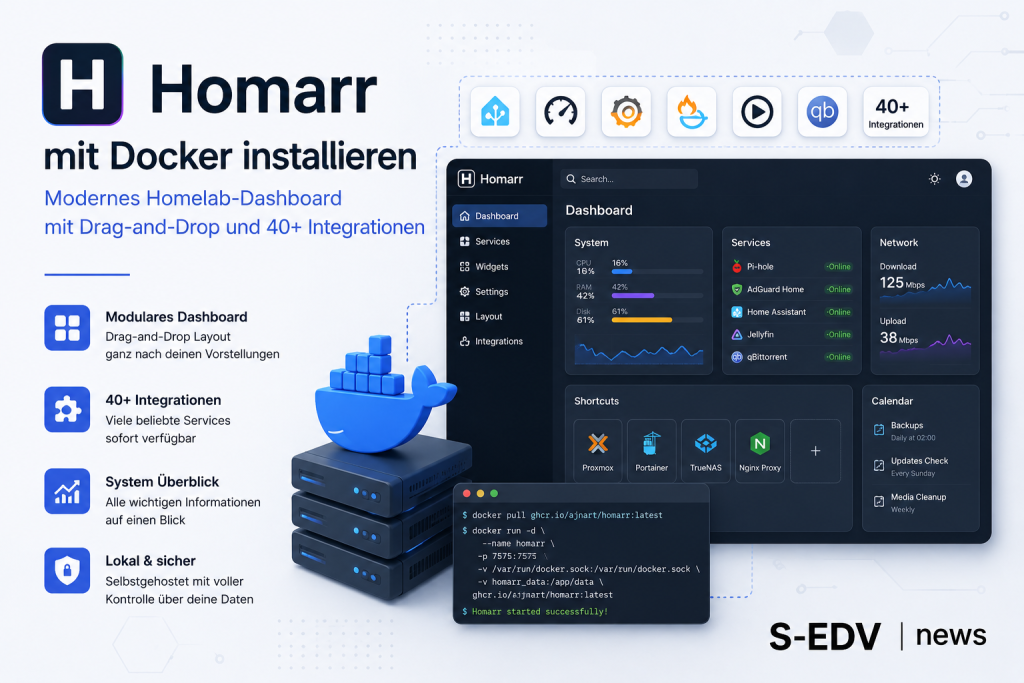 Homarr mit Docker installieren: Modernes Homelab Dashboard mit Drag and Drop Oberfläche, Docker Container, Serverübersicht und zahlreichen Integrationen für Self Hosting, Systemverwaltung und zentrale Steuerung aller Dienste.