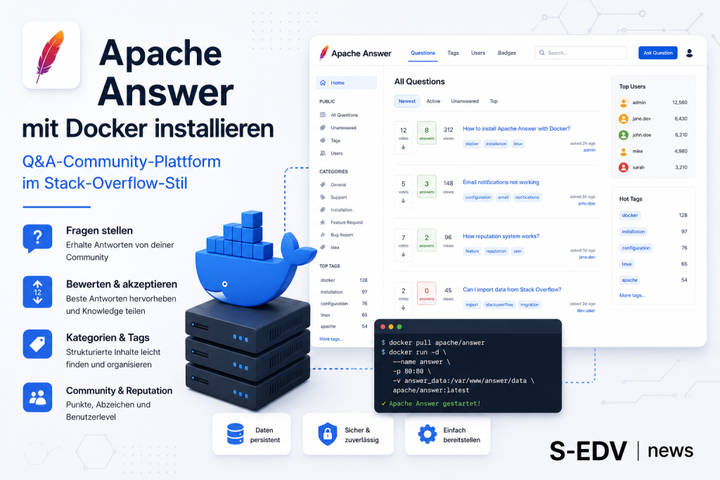 Apache Answer mit Docker installieren: Moderne Q&A Community Plattform im Stack Overflow Stil mit Docker Container, Weboberfläche, Fragen und Antworten, Tags, Bewertungen sowie Wissensdatenbank für Self Hosting und Team Zusammenarbeit.