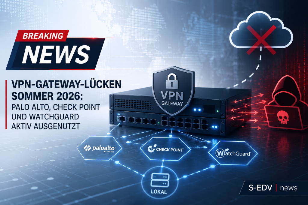 VPN Gateway mit Sicherheitswarnung vor Cyberangriffen auf Palo Alto, Check Point und WatchGuard. Symbolische Darstellung aktiv ausgenutzter Sicherheitslücken im Sommer 2026 mit moderner Netzwerk, Firewall und Cybersecurity Infrastruktur für IT News.