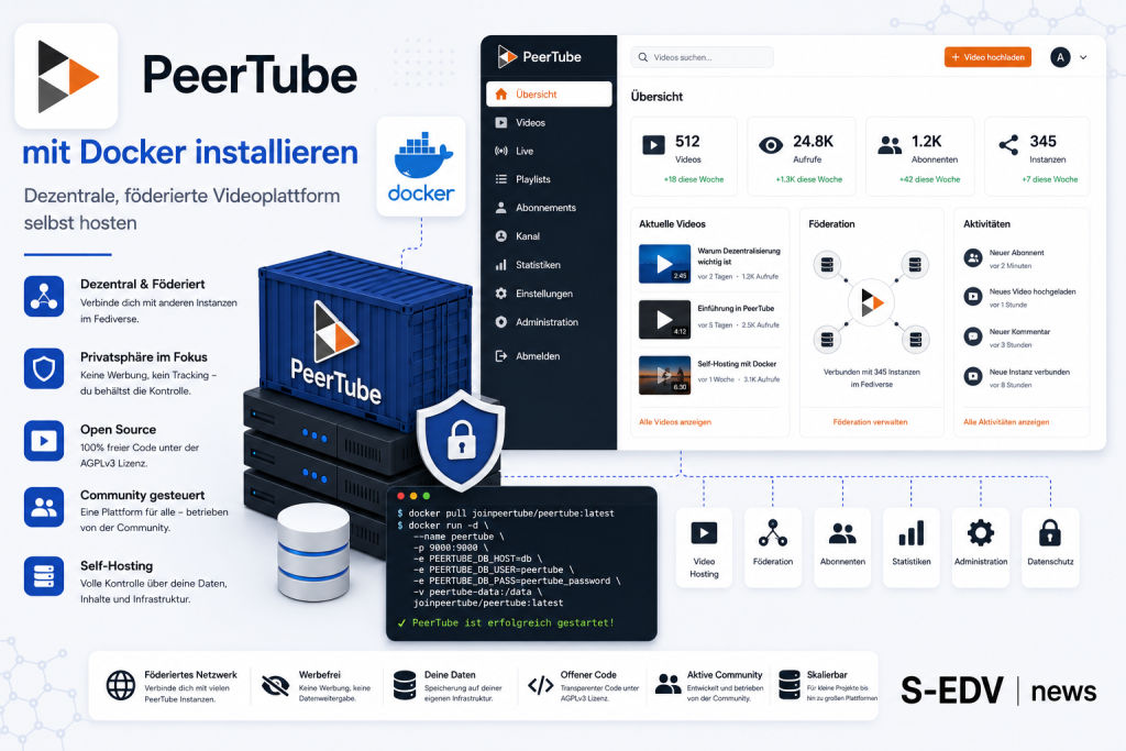 PeerTube mit Docker installieren: Dezentrale und föderierte Videoplattform für Self Hosting mit Docker Container, Fediverse Integration, Video Streaming, Community Verwaltung, Datenschutz und Open Source Alternative zu zentralen Videoplattformen.