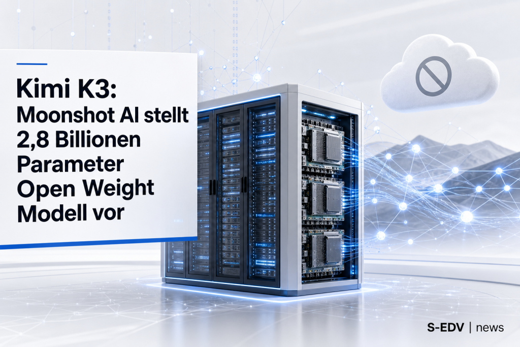 Kimi K3 von Moonshot AI: Visualisierung eines 2,8 Billionen Parameter Open Weight KI Modells mit Servern und neuronalen Datenverbindungen.