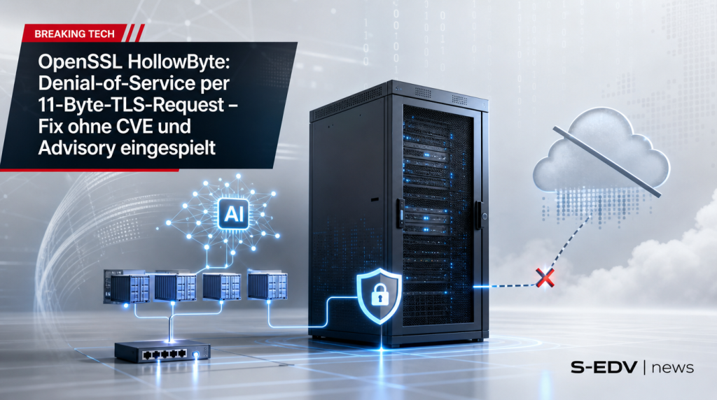 OpenSSL HollowByte Denial of Service Schwachstelle: Server mit Warnsymbol, 11 Byte TLS Request Angriff, Fix ohne CVE eingespielt