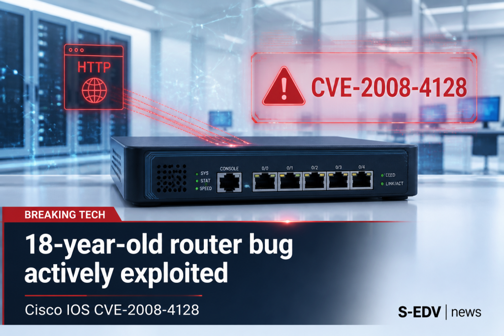 Cisco IOS Router mit roter Sicherheitswarnung zu CVE-2008-4128 und Hinweis auf aktive Ausnutzung eines 18 Jahre alten Bugs.