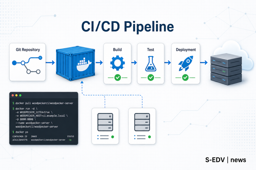 Woodpecker CI mit Docker installieren: Schlanke CI/CD Pipeline für Gitea und Forgejo mit Git Repository, Build, Test, Deployment und Linux Server.