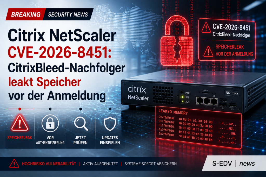 Professionelle IT News Grafik zu Citrix NetScaler mit der kritischen Sicherheitslücke CVE 2026 8451. Die Darstellung zeigt eine NetScaler Appliance mit Cybersecurity Warnsymbolen, einem geöffneten Schloss und Visualisierungen eines Speicherlecks vor der A