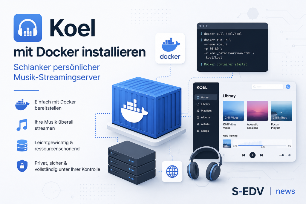 Koel mit Docker installieren: Moderne Oberfläche eines selbst gehosteten Musik Streaming Servers mit Docker Container, Linux Server, Terminal und Weboberfläche für die private Musikbibliothek im Self Hosting.