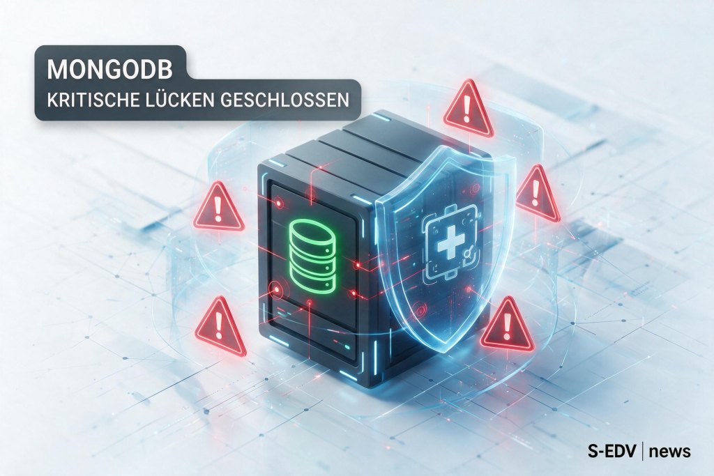 MongoDB Server mit geschlossenen kritischen Sicherheitslücken und digitalem Schutzschild in einer modernen Cybersecurity News Grafik.