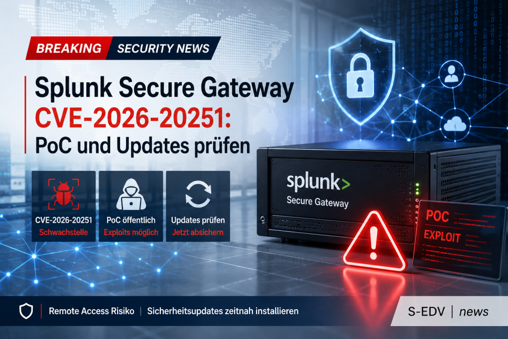 Professionelle IT News Grafik zu Splunk Secure Gateway mit der Sicherheitslücke CVE 2026 20251. Die Darstellung zeigt einen Server mit digitalen Sicherheitsvisualisierungen, Warnsymbolen und einem Proof of Concept Exploit und verdeutlicht die Dringlichkei