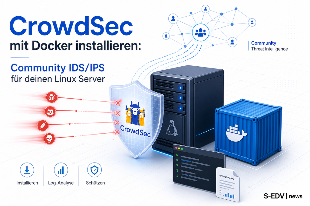CrowdSec mit Docker auf einem Linux Server installieren: Visualisierung von Community IDS und IPS mit Docker Container, Server, Terminal, Netzwerkangriffen und Schutzschild.