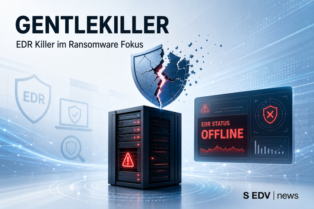 IT News Grafik zur Ransomware Gruppe The Gentlemen und dem EDR Killer GentleKiller, der Sicherheitssoftware auf Endgeräten deaktivieren kann.