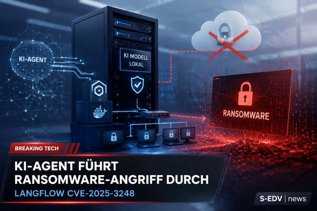 JadePuffer Sicherheitslücke: KI Agent demonstriert Ransomware Angriff über Langflow CVE 2025 3248 mit lokalem KI Server, Container Infrastruktur und Cybersecurity Warnung in moderner IT News Darstellung.