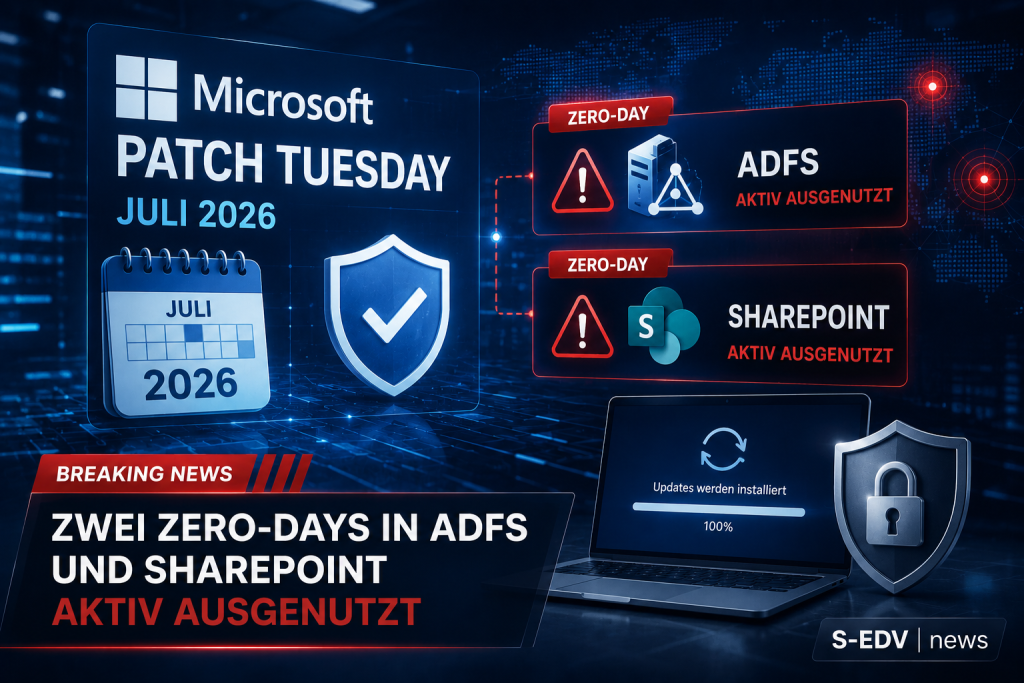 Microsoft Patch Tuesday Juli 2026 mit zwei aktiv ausgenutzten Zero Days in AD FS und SharePoint.