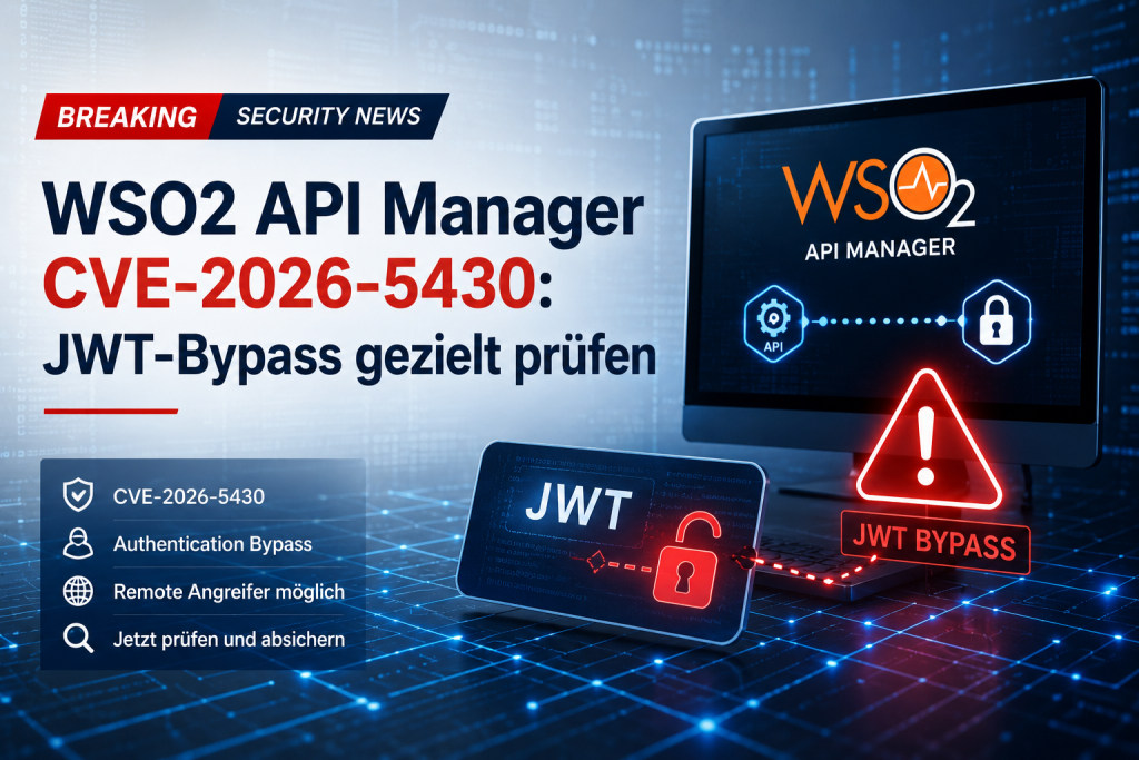 Professionelle IT News Grafik zum WSO2 API Manager mit der Sicherheitslücke CVE 2026 5430. Die Darstellung zeigt eine API Infrastruktur mit JWT Token, Warnsymbolen und digitalen Sicherheitsvisualisierungen und verdeutlicht das Risiko eines Authentication