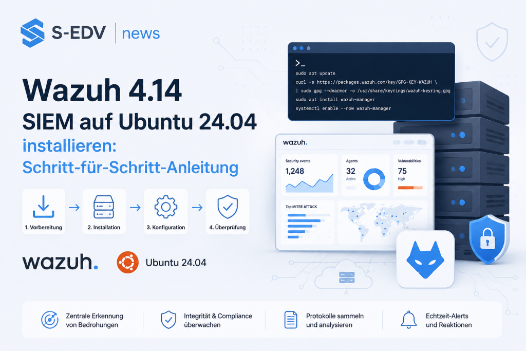 Wazuh 4.14 SIEM auf Ubuntu 24.04 installieren. Moderne Sicherheitsplattform mit Servern, Linux Terminal, Wazuh Dashboard sowie Symbolen für Bedrohungserkennung, Log Analyse, Compliance Überwachung und Echtzeit Alerts als Schritt für Schritt Anleitung.