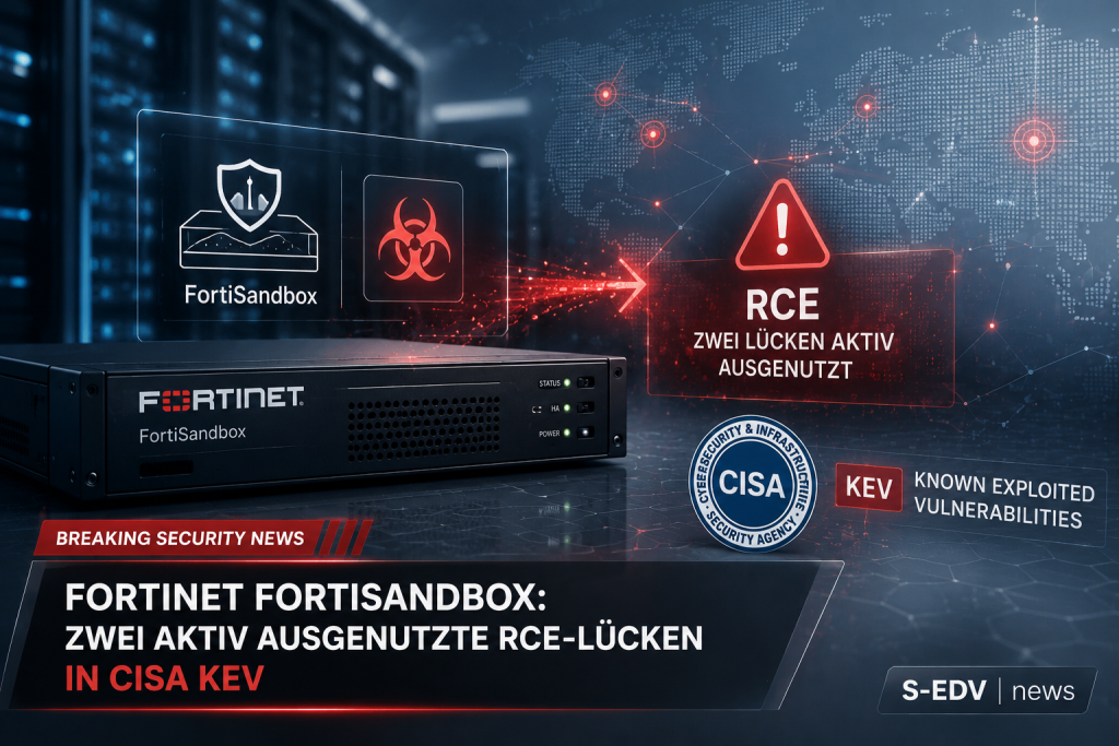 Fortinet FortiSandbox Sicherheitswarnung mit zwei aktiv ausgenutzten Remote Code Execution Schwachstellen in der CISA Known Exploited Vulnerabilities Liste. Moderne Cybersecurity IT News Grafik mit RCE Warnsymbol, FortiSandbox Appliance und Sicherheitsala